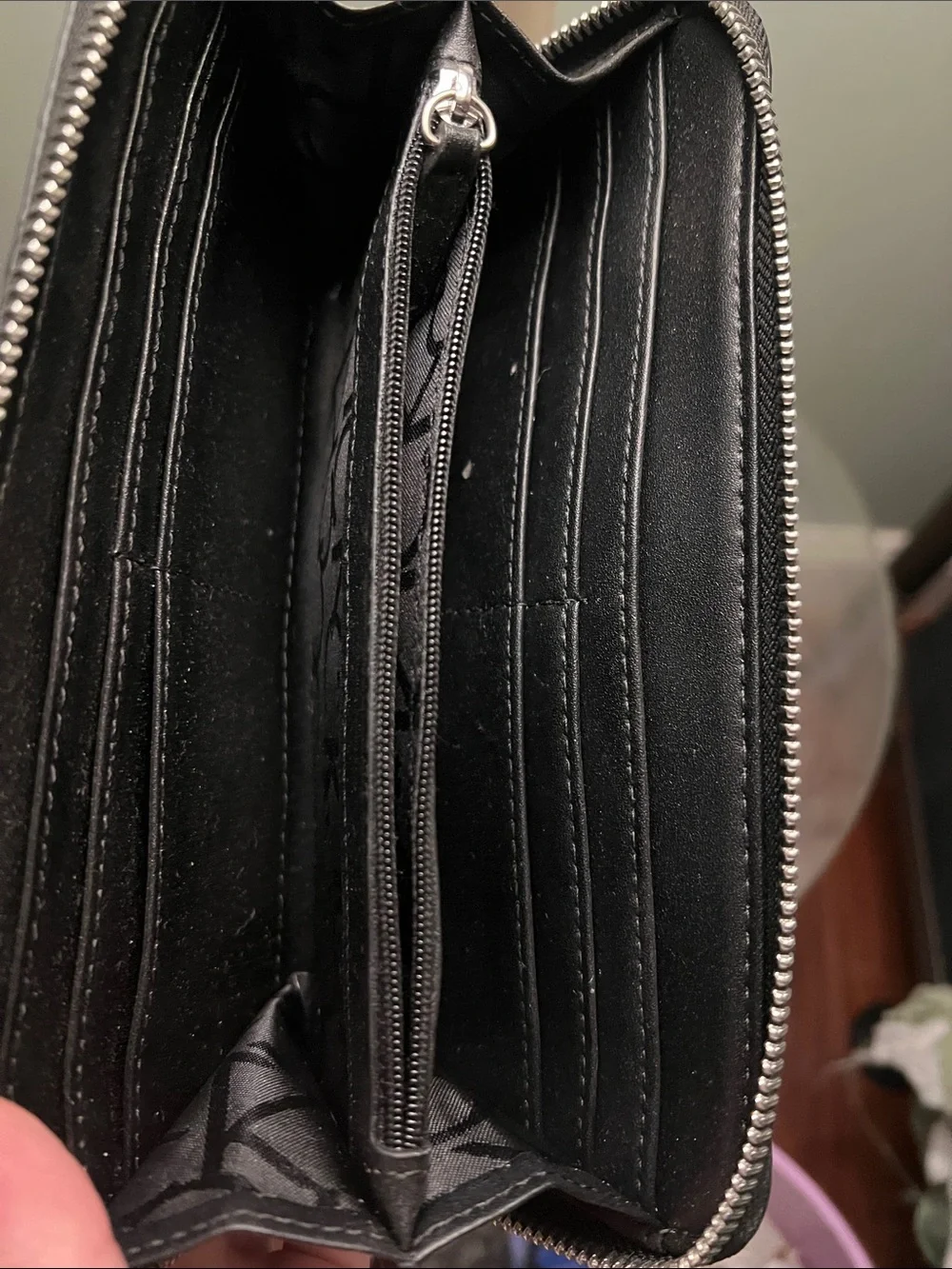 Calvin Klein Glossy Black Embossed Logo Zip Wallet